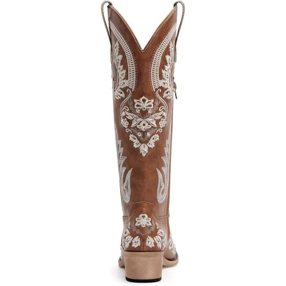 Women Faux Leather Brown Rhinestones Embroidered Chunky Heel Knee High Boot